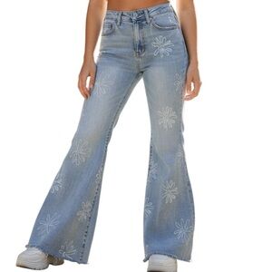 Y2K Denim Jeans Size 4 Bell Bottom Boho Festival Floral Frayed Hem Retro